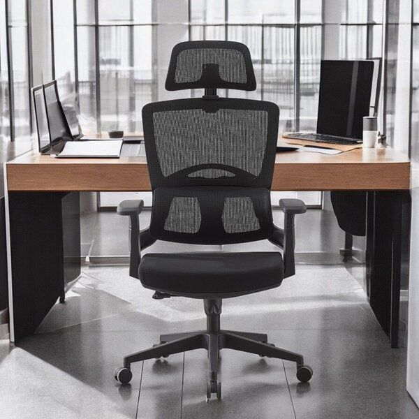 Scaun ergonomic de birou, suport lombar integrat, reglare inaltime, pivotant la 360 grade, maxim 120 kg, negru