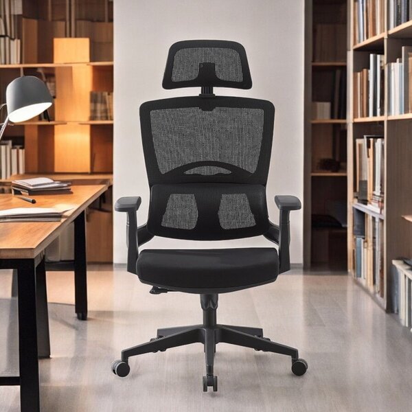 Scaun ergonomic de birou, suport lombar integrat, reglare inaltime, pivotant la 360 grade, maxim 120 kg, negru