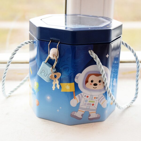 Pusculita metalica Pufo Little Astronaut cu lacat si cheita, 12 cm, albastru