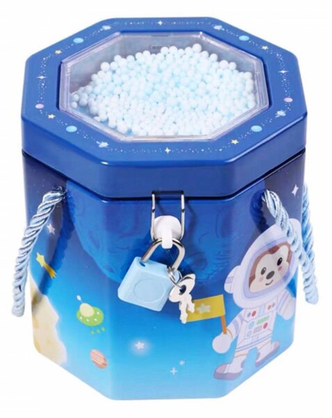 Pusculita metalica Pufo Little Astronaut cu lacat si cheita, 12 cm, albastru