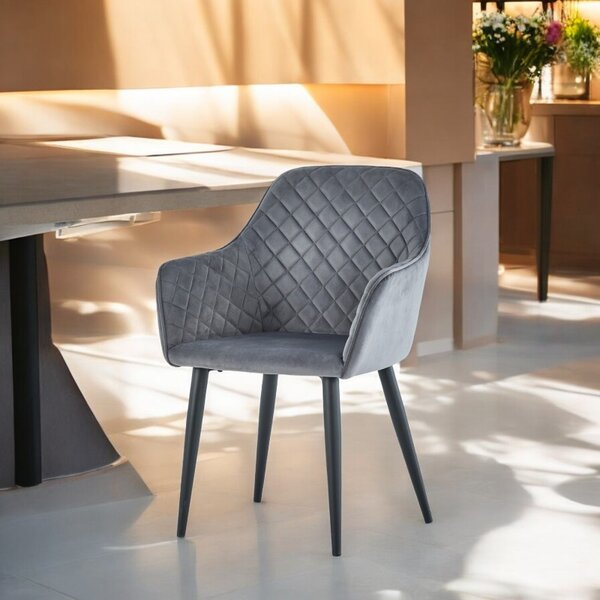 Scaun elegant pentru dining, tip fotoliu, tapiterie catifea gri, inaltime 83 cm, cadru metalic