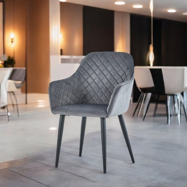 Scaun elegant pentru dining, tip fotoliu, tapiterie catifea gri, inaltime 83 cm, cadru metalic