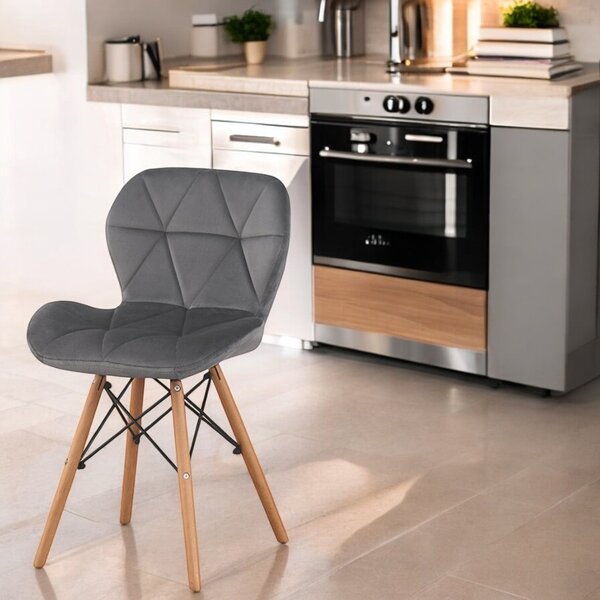 Scaun bucatarie, stil scandinav, tapiterie catifea gri, cadru lemn