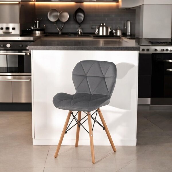 Scaun bucatarie, stil scandinav, tapiterie catifea gri, cadru lemn