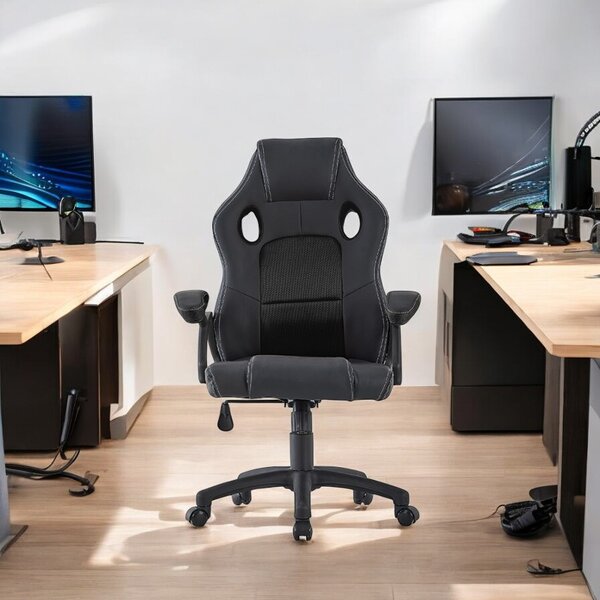 Scaun de gaming pivotant, spatar ergonomic, inaltime reglabila 110-120, tetiera si cotiere, maxim 150 kg, PVC si mesh negru