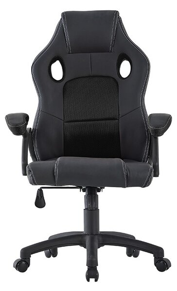Scaun de gaming pivotant, spatar ergonomic, inaltime reglabila 110-120, tetiera si cotiere, maxim 150 kg, PVC si mesh negru