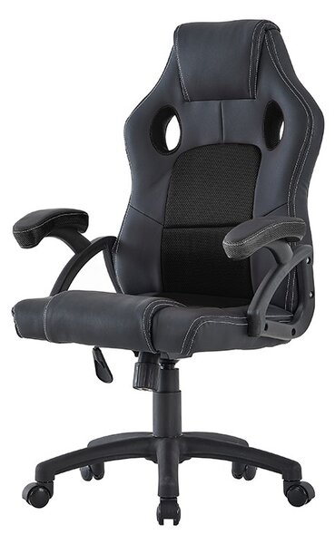 Scaun de gaming pivotant, spatar ergonomic, inaltime reglabila 110-120, tetiera si cotiere, maxim 150 kg, PVC si mesh negru
