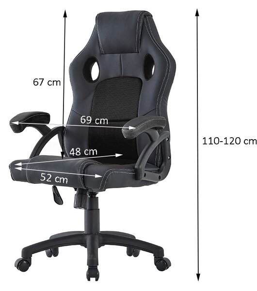 Scaun de gaming pivotant, spatar ergonomic, inaltime reglabila 110-120, tetiera si cotiere, maxim 150 kg, PVC si mesh negru