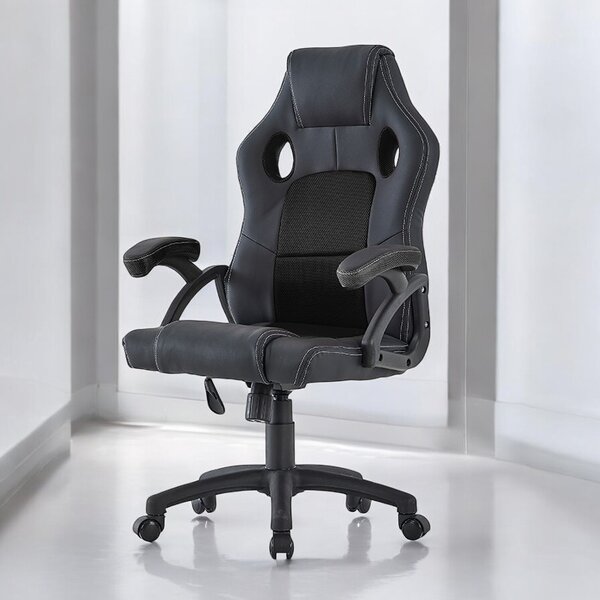 Scaun de gaming pivotant, spatar ergonomic, inaltime reglabila 110-120, tetiera si cotiere, maxim 150 kg, PVC si mesh negru