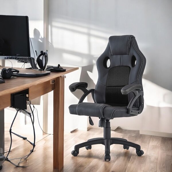 Scaun de gaming pivotant, spatar ergonomic, inaltime reglabila 110-120, tetiera si cotiere, maxim 150 kg, PVC si mesh negru