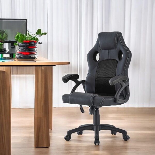 Scaun de gaming pivotant, spatar ergonomic, inaltime reglabila 110-120, tetiera si cotiere, maxim 150 kg, PVC si mesh negru