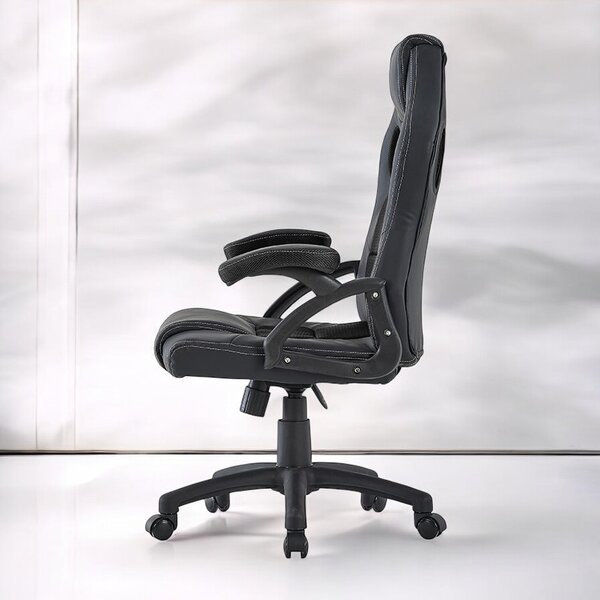 Scaun de gaming pivotant, spatar ergonomic, inaltime reglabila 110-120, tetiera si cotiere, maxim 150 kg, PVC si mesh negru