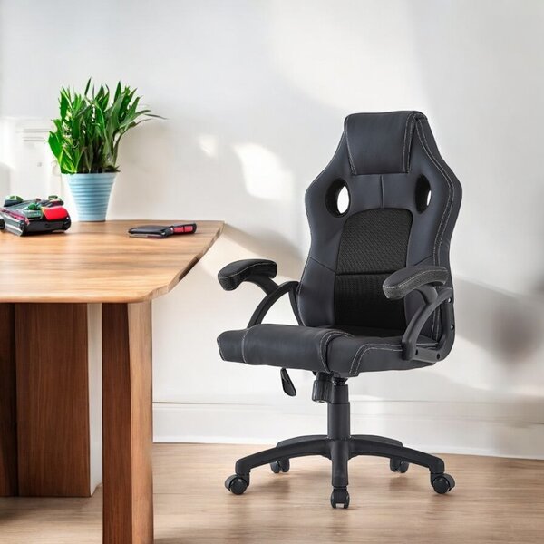 Scaun de gaming pivotant, spatar ergonomic, inaltime reglabila 110-120, tetiera si cotiere, maxim 150 kg, PVC si mesh negru