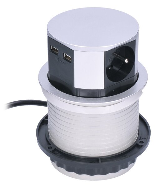 Panou de priză retractabil cu USB 3Z - 1,5m, argintiu