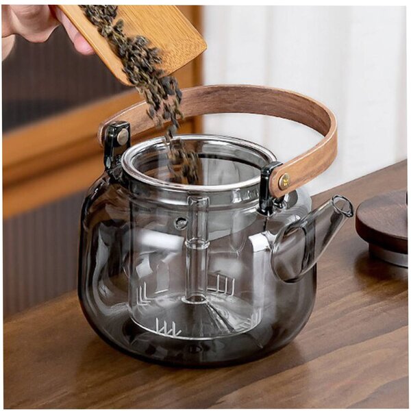 Ceainic 1000 ml din sticla borosilicata su infuzor si maner lemn, Fumuriu