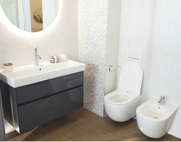 Set vas WC suspendat, Fluminia, Minerva, cu capac quick release si soft close, alb