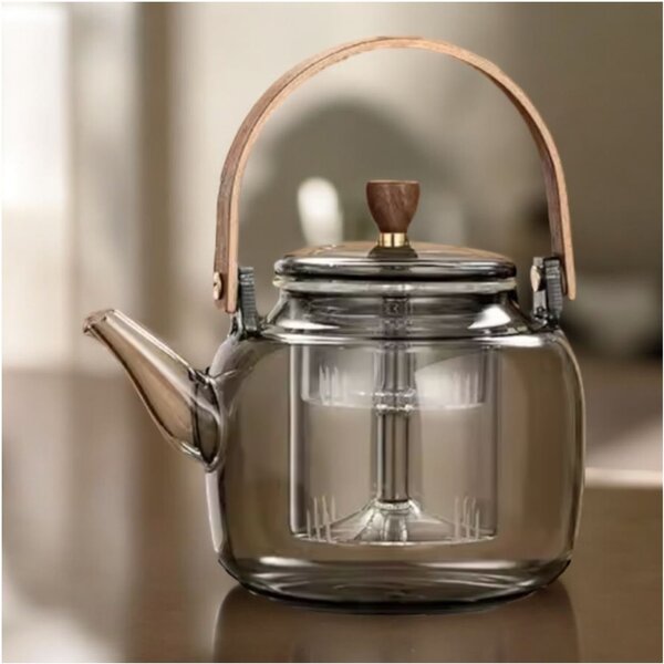 Ceainic 1000 ml din sticla borosilicata su infuzor si maner lemn, Fumuriu