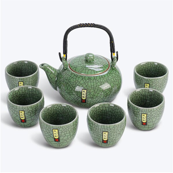 Set Ceainic 500 ml si 6 cupe din Portelan, cutie Lemn, Verde
