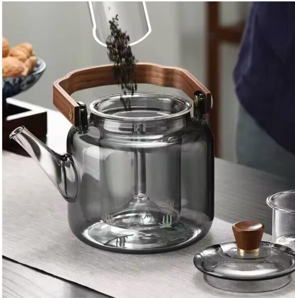 Ceainic 1200 ml din sticla borosilicata su infuzor si maner lemn, Fumuriu