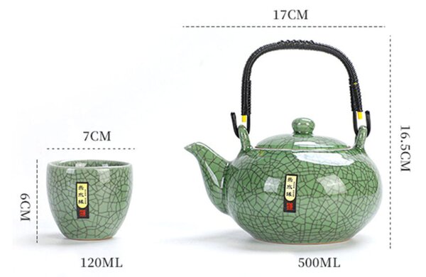 Set Ceainic 500 ml si 6 cupe din Portelan, cutie Lemn, Verde