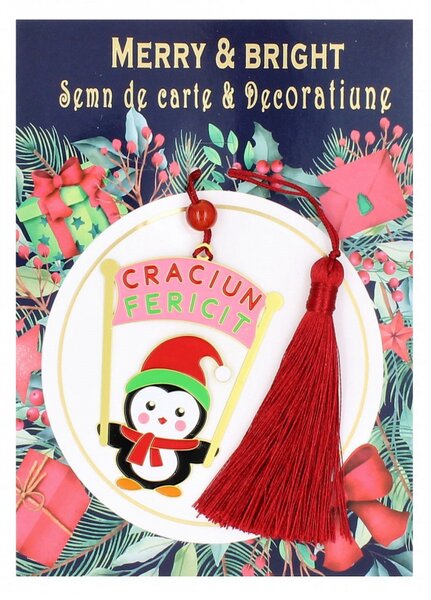 Semn de carte - Pinguin cu pancartă „Crăciun Fericit”