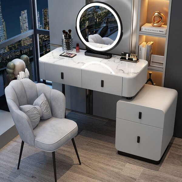 SEG4 - Set Masa toaleta, 100 cm, cosmetica, masa machiaj cu oglinda LED si scaun, masuta vanity - Gri