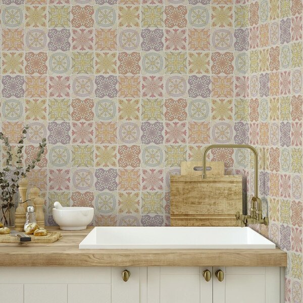 Tapet Ornamente din țiglă geometrică colorată, Tapet flori, a00284 : Uwalls.ro
