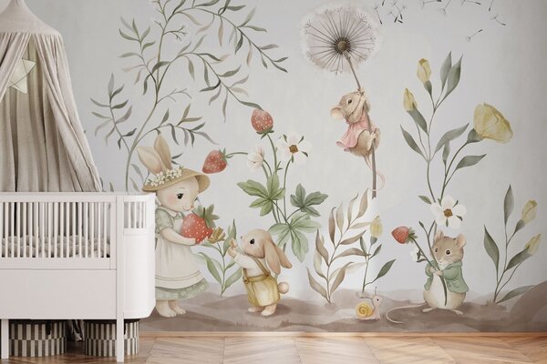 Tapet Ilustrație pentru copii cu un iepuraș și un șoricel printre plante și flori, Fototapet Animale, w05422 : Uwalls.ro