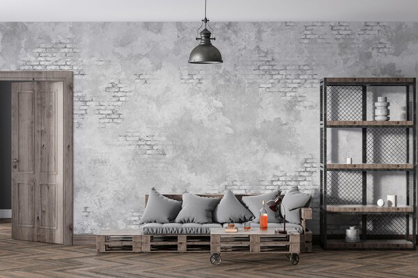 Tapet Tencuială gri în stil grunge, cu porțiuni de cărămidă aparentă, Fototapet stil industrial, w05161v2 : Uwalls.ro