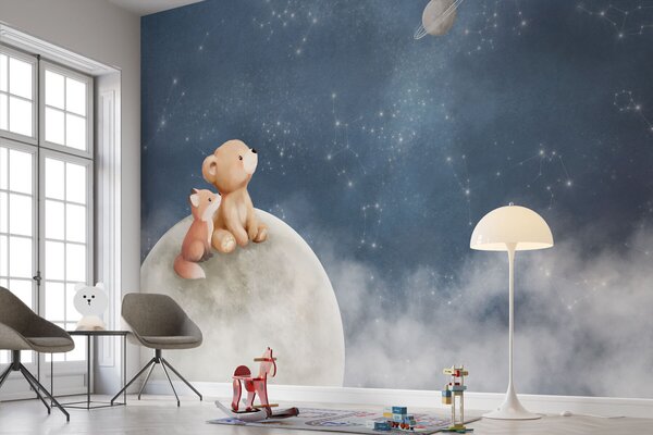 Tapet Ilustrație în culori pastelate cu un urs și o vulpe pe fundalul cerului nocturn, Fototapet Pentru Copii, w05431 : Uwalls.ro