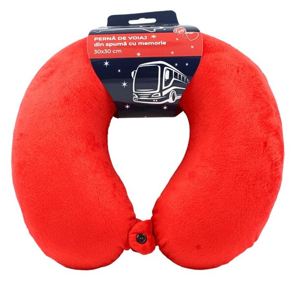 Pernă de călătorie, pentru adulți, culoare roșu, din spumă cu memorie, 30 cm