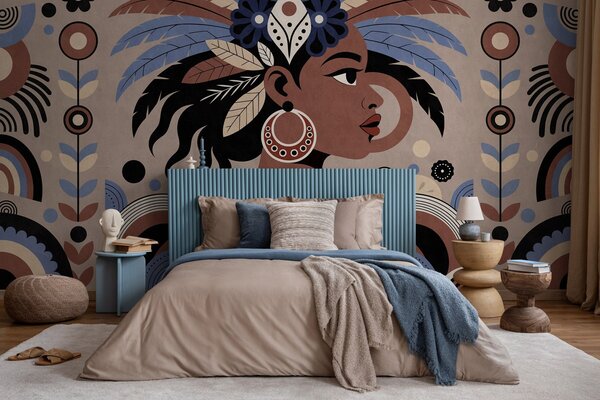 Tapet un design elegant, de inspirație africană, în nuanțe de albastru și ciocolatiu, Fototapet stil etnic, w05389 : Uwalls.ro