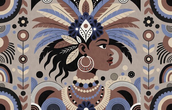 Tapet un design elegant, de inspirație africană, în nuanțe de albastru și ciocolatiu, Fototapet stil etnic, w05389 : Uwalls.ro