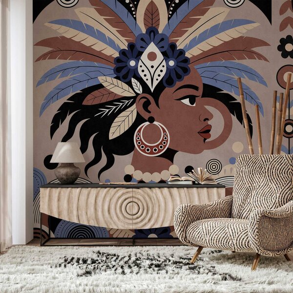Tapet un design elegant, de inspirație africană, în nuanțe de albastru și ciocolatiu, Fototapet stil etnic, w05389 : Uwalls.ro