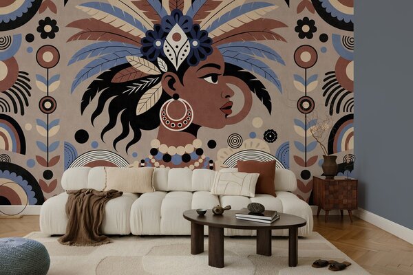 Tapet un design elegant, de inspirație africană, în nuanțe de albastru și ciocolatiu, Fototapet stil etnic, w05389 : Uwalls.ro
