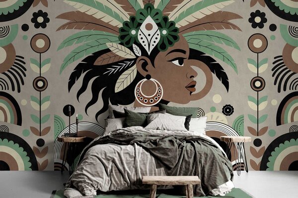 Tapet un design elegant, de inspirație africană, în nuanțe de verde, maro și bej, Fototapet stil etnic, w05389v1 : Uwalls.ro
