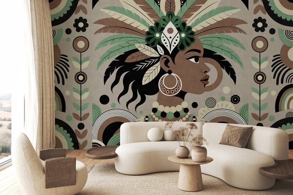 Tapet un design elegant, de inspirație africană, în nuanțe de verde, maro și bej, Fototapet stil etnic, w05389v1 : Uwalls.ro