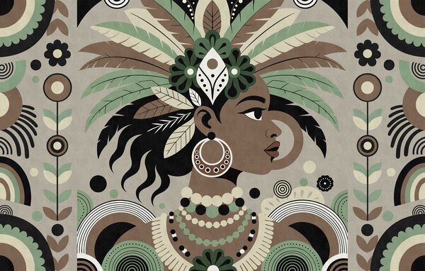 Tapet un design elegant, de inspirație africană, în nuanțe de verde, maro și bej, Fototapet stil etnic, w05389v1 : Uwalls.ro