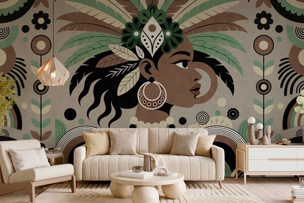Tapet un design elegant, de inspirație africană, în nuanțe de verde, maro și bej, Fototapet stil etnic, w05389v1 : Uwalls.ro