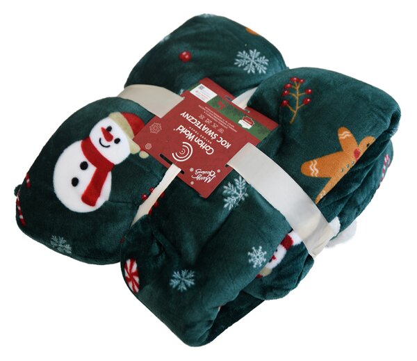 Patura miel de Craciun din microplus SNOWMAN AND GINGERBREAD verde inchis Dimensiuni: 200 x 220 cm