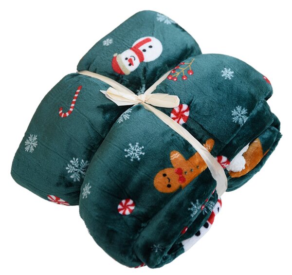 Patura miel de Craciun din microplus SNOWMAN AND GINGERBREAD verde inchis Dimensiuni: 200 x 220 cm