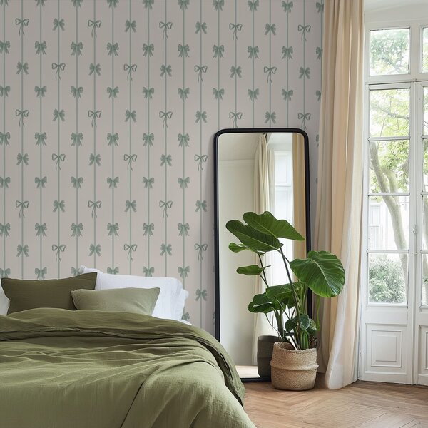 Tapet Fundite verzi cu panglici pe fundal bej, Tapet geometrie, Tapet dungi, a01074v1 : Uwalls.ro