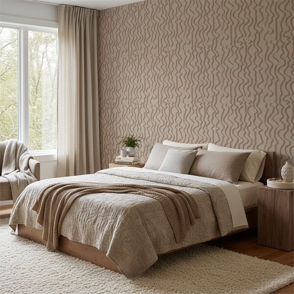 Tapet Linii ondulate de culoare bej pe un fundal deschis, Tapet abstract, a01168v2 : Uwalls.ro