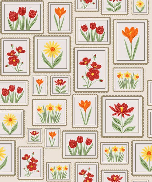 Tapet Ilustrații florale înrămate, în nuanțe calde, Tapet flori, a01173 : Uwalls.ro