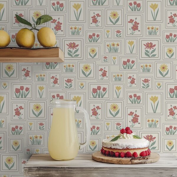 Tapet Ilustrații florale înrămate pe fundal deschis, Tapet flori, a01173v1 : Uwalls.ro