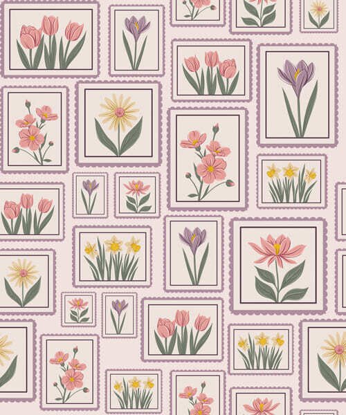 Tapet Ilustrații florale înrămate în nuanțe de liliac, Tapet flori, a01173v2 : Uwalls.ro