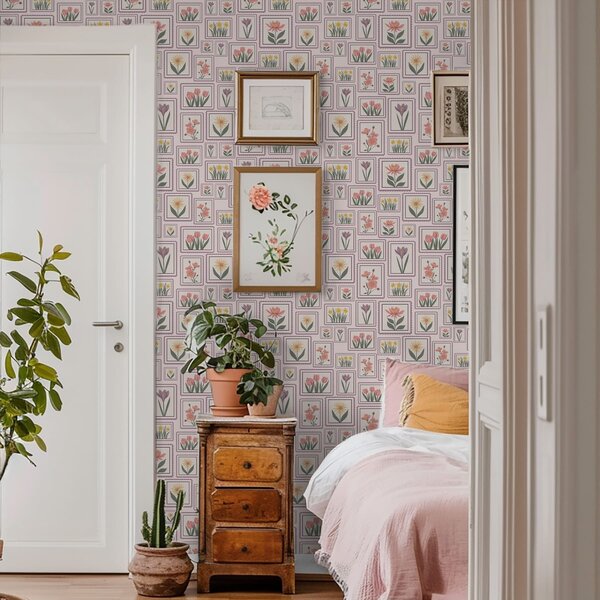 Tapet Ilustrații florale înrămate în nuanțe de liliac, Tapet flori, a01173v2 : Uwalls.ro