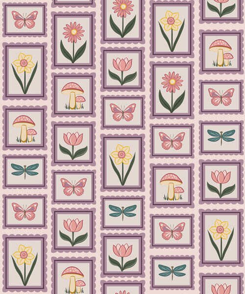 Tapet Ilustrații înrămate în nuanțe de liliac, Tapet flori, a01175v1 : Uwalls.ro
