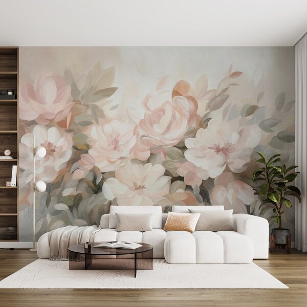 Tapet Flori de un roz pal și albe, cu frunze verzi, stil pictural, stil impresionist, artă texturată, Fototapet Acuarelă, w09824 : Uwalls.ro