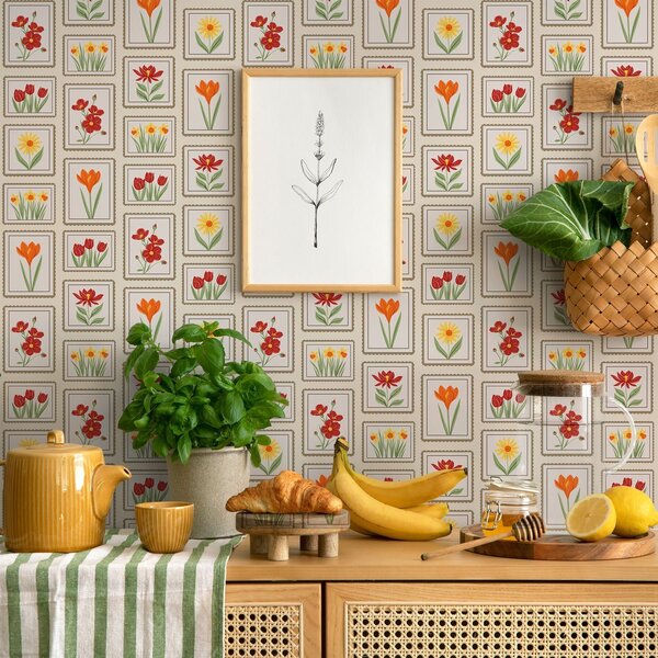 Tapet Ilustrații florale înrămate, în culori vii, Tapet flori, a01174v1 : Uwalls.ro